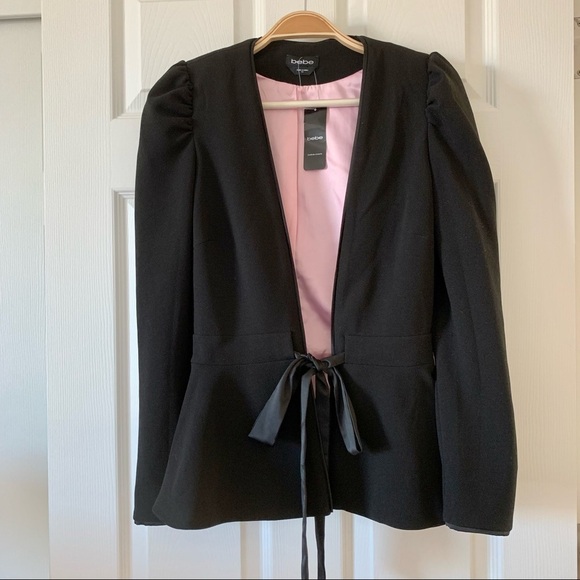 🌟 Bebe Black Stretch Tie-Front Puff-Shoulder Fitted Peplum Blazer - Picture 7 of 15